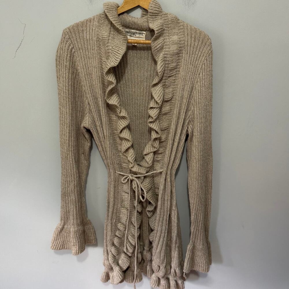Debbie Morgan Sweater Womens XL Beige Long Cardigan Retro Y2K Ruffle Tie Front
